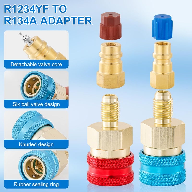 Tigbear R1234YF Quick Coupler Kit, R1234yf to R134a Quick Coupler Adapter, R1234YF High and Low Side Quick Couplers Kit with R134A R12 R22 Valve Core for AC Charging Refrigerant Air Conditioning System - Image 4
